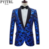 

PYJTRL Men Fashion Shawl Lapel Royal Blue Black Velvet Floral Shiny Sequins Blazers Wedding Groom Prom Singers Slim Suit Jacket