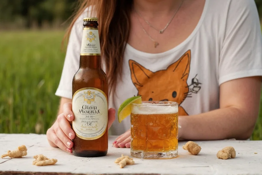 Comparison of commercial ginger beer bottles showing both alcoholic and non-alcoholic varieties with label details highlighted