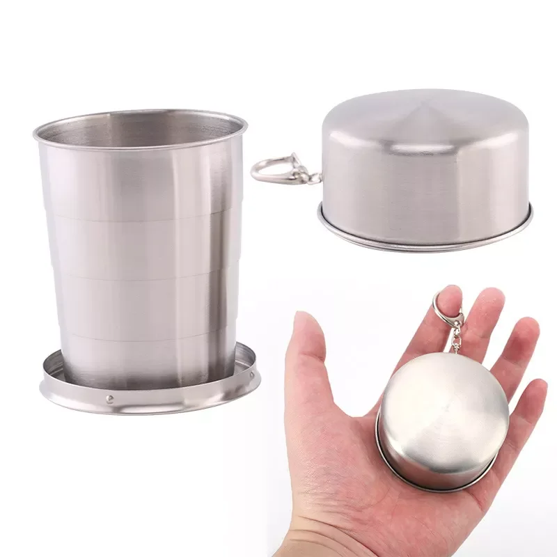 

D166 Camping Folding Stainless Steel cups with key ring Light Weight Water Cup Expandable Portable Reusable Drinking Mug