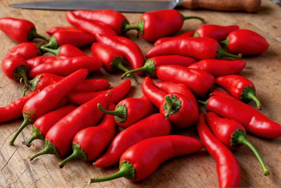 Ripe red Big Jim peppers arranged on wooden table with traditional New Mexican cooking utensils
