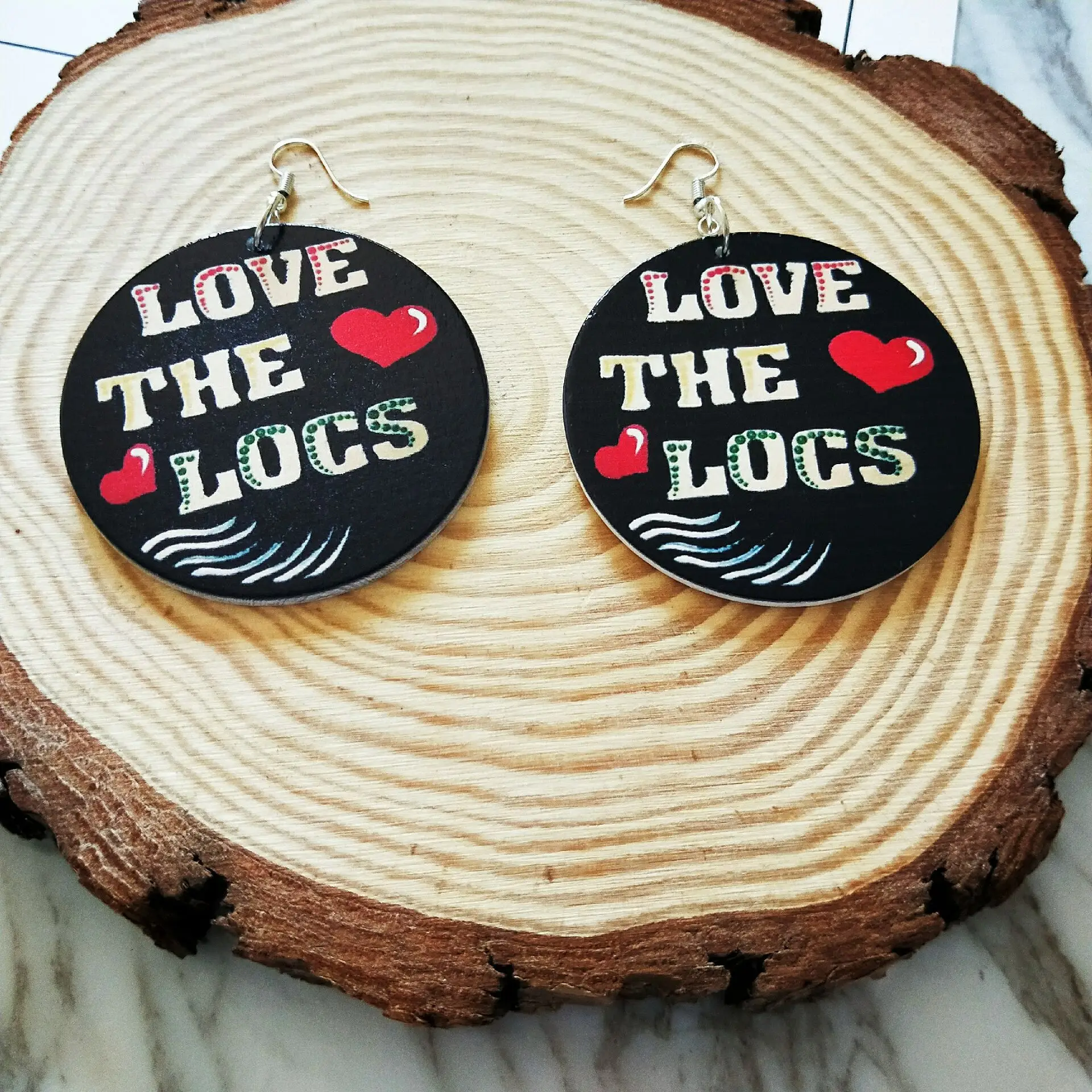 

Bohemian Africa Painting Love The Locs Letters Earring Red Heart Tribal Black Round Wood Earring