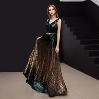 

2019 New arrival Gradient Sequined Evening Dress V-Neck sleeveless Simple Evening Gowns Long Party perspective Dresses