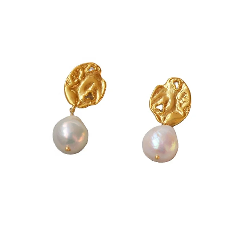 

Factory Price Retro Brass Jewelry Freshwater Baroque Pearl Stud Earrings For Women