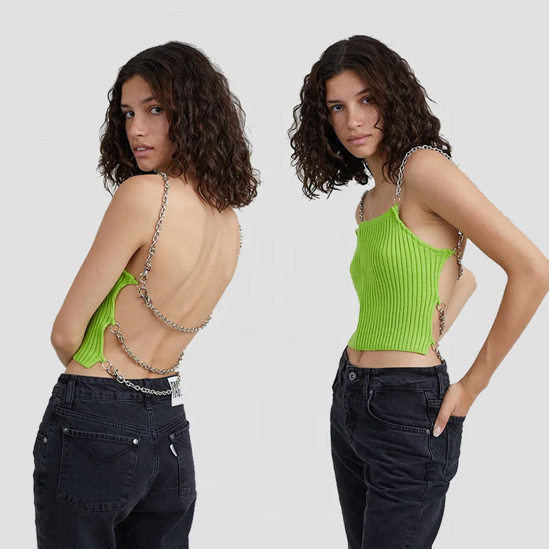 

Sexy Clubwear Adjustable Lace Up Hollow Out Metal Chain Sleeveless Backless Crop Top Tank Tops Tees Camisole, Available
