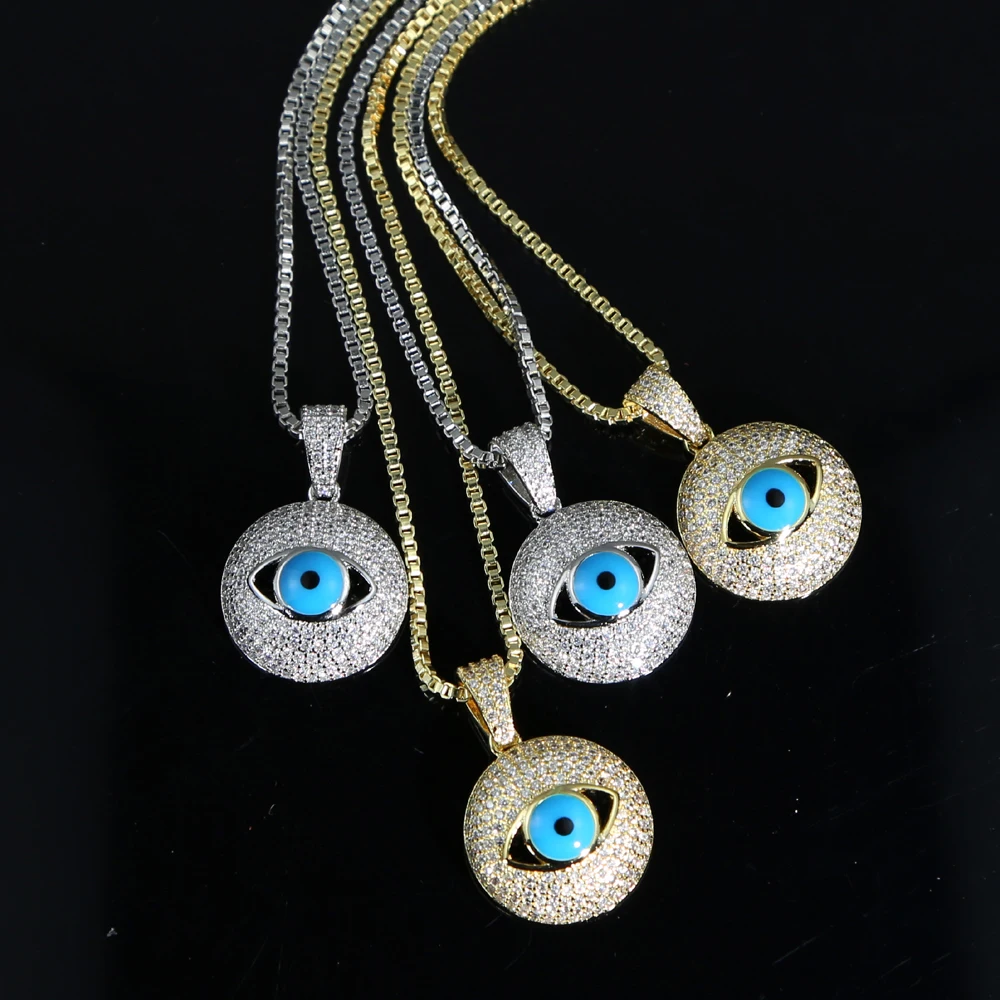 

iced out bling micro pave cz women jewelry geometric round shaped blue lucky evil eye necklace, Silver