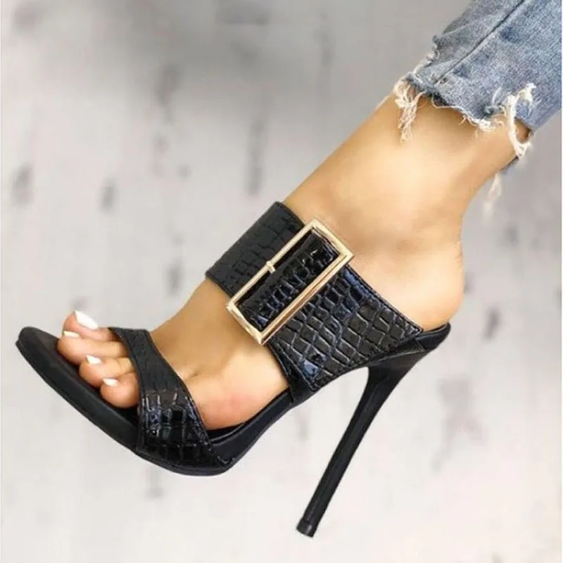 

Women Mules Summer Head Peep Toe Slippers Pleated Thin High Heel Fashion Slip On Punk Ladies Party Shoes 35-40 Black NEW 2021