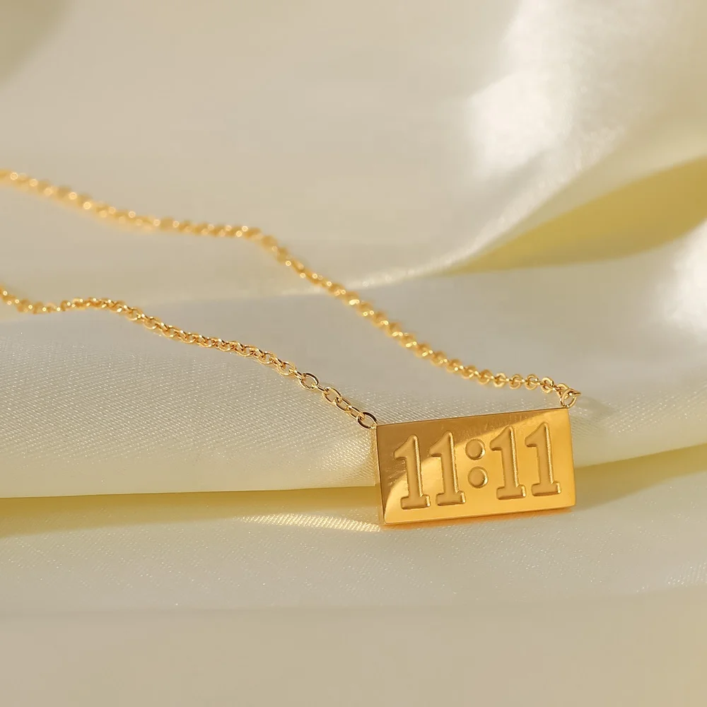 

Custom New Style Waterproof 18K Gold Plated Stainless Steel Necklace Square 11:11 Angel Number Necklace for Women