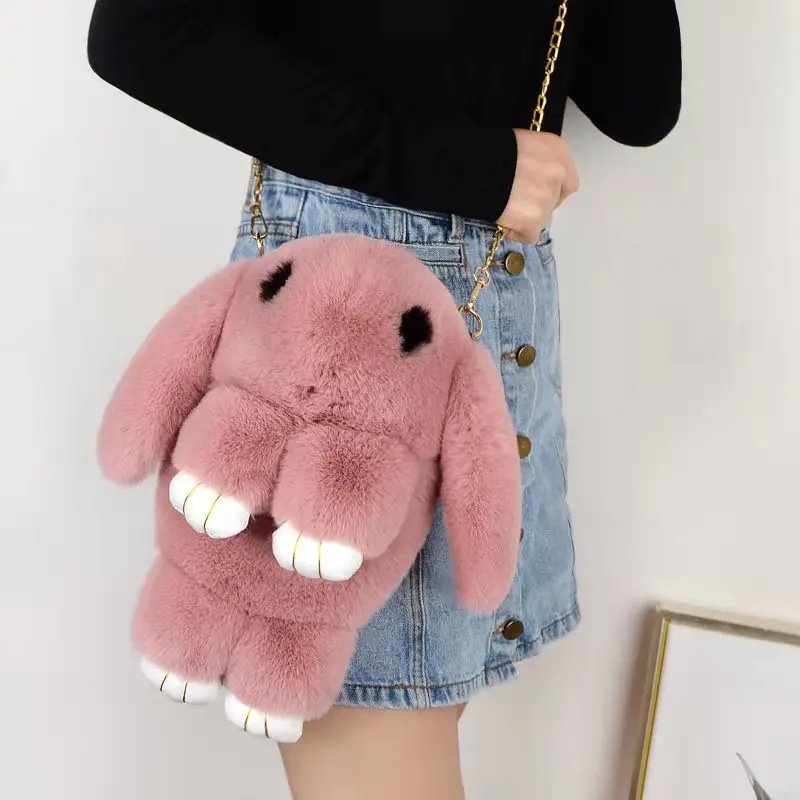 

Cute Plush Fashion Girl Rabbit Fur Handbag Women's Casual Long Chains Cartoon Bunny Messenger fluffy Rabbit Bag, 26 colors