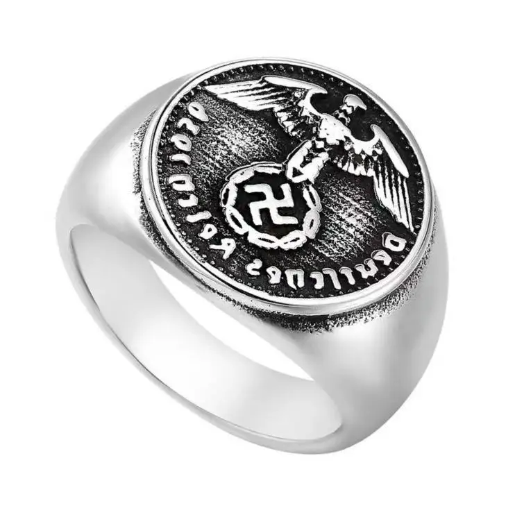 

European and American simple retro round stainless steel flying eagle cross Fangdong men's fashion ring