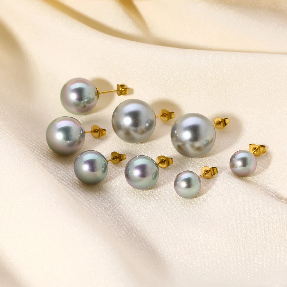 

Wholesale Tarnish Free Grey Rounded Natural Pearl Stud Earrings 14k Gold Planted Stainless Steel Fresh Water Pearl Earrings