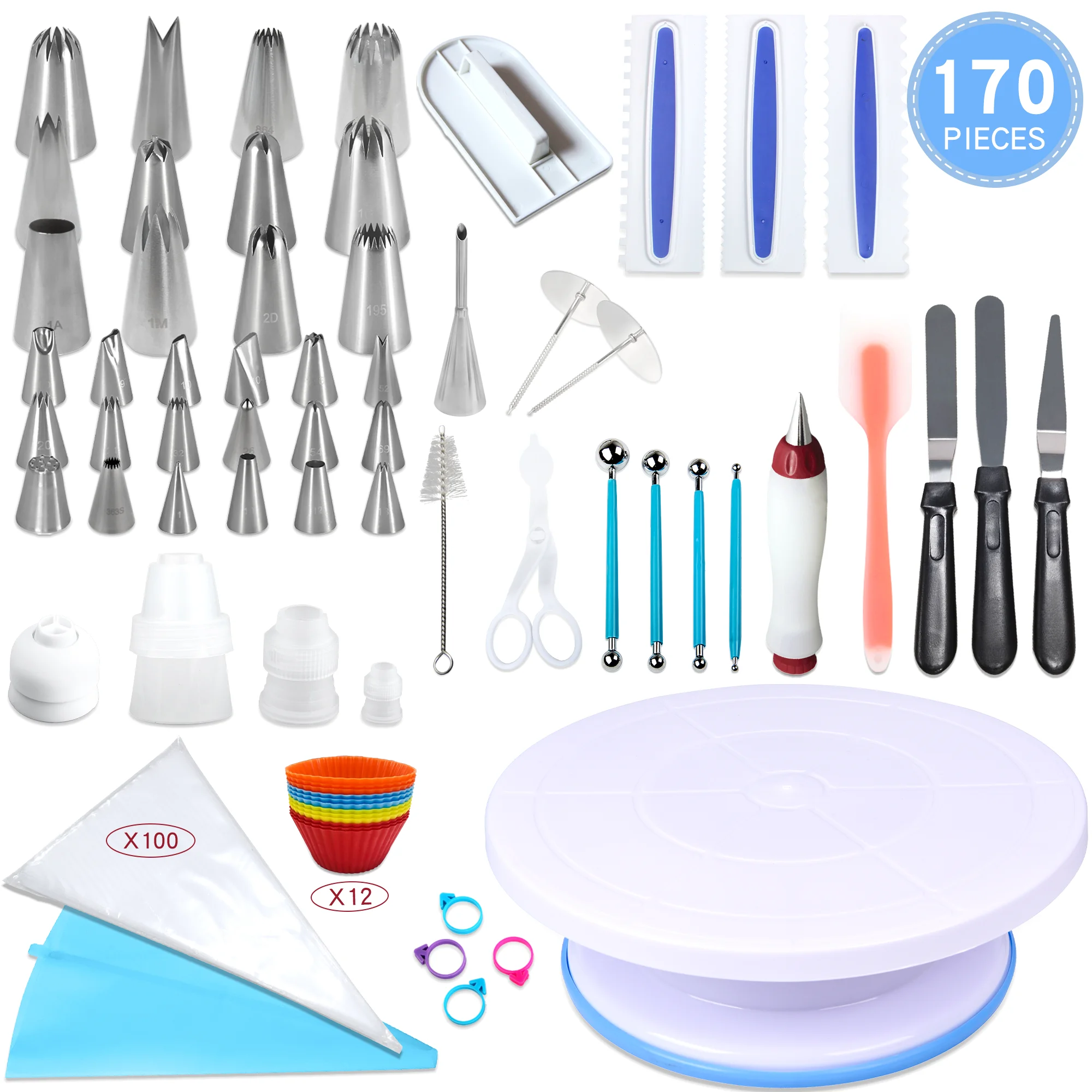 

170 PCS cake turntable set with cake decorating icing piping nozzles set Cake Decorating Supplies kit Bake tool