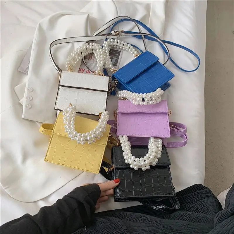 

New style pearl chain crocodile pattern small square bag designer purses and handbags for women purses, 5 colors
