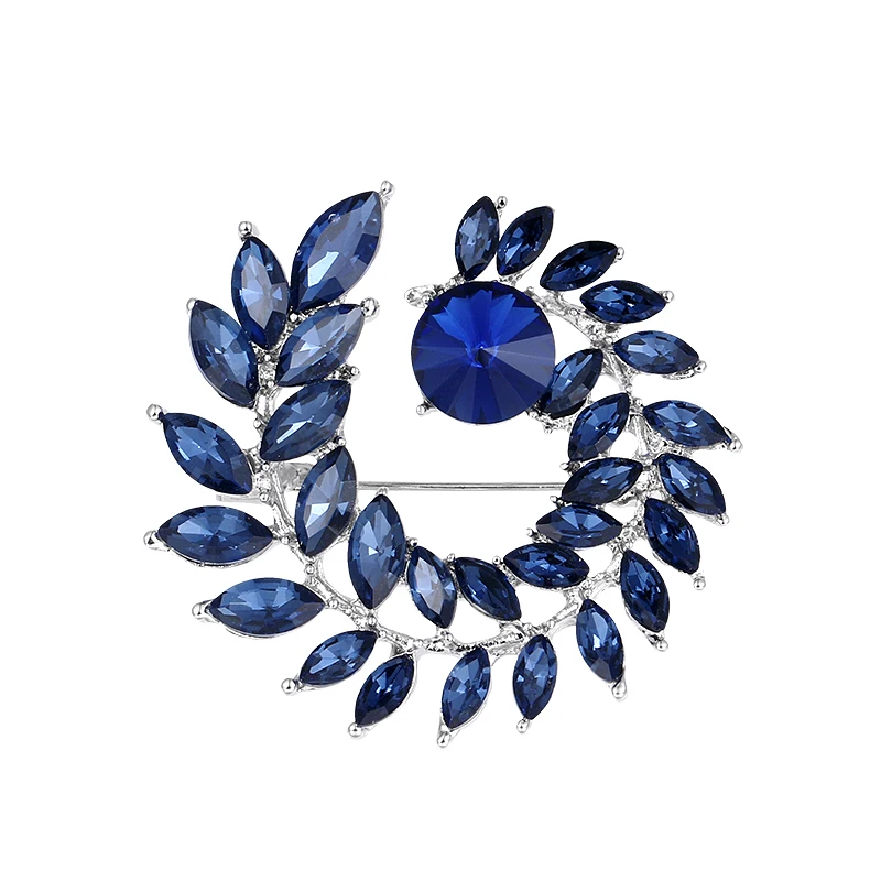 

New Arrival Blue Crystal Leaf Shape Brooch Pins for Women Dress Coat
