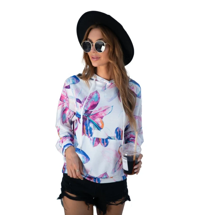 

High quality Fashionable long sleeve Printed hooded pocket sweater Lace up Women