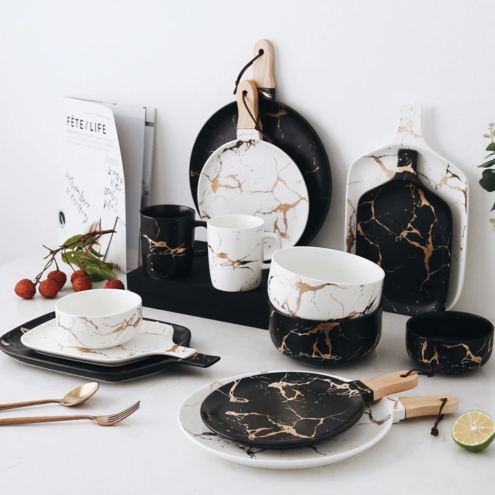 

Gold Marble Glazes Ceramic Party Tableware Set Porcelain Breakfast Plates Dishes Noodle Bowl Coffee Mug Cup for Decoration, Black/white