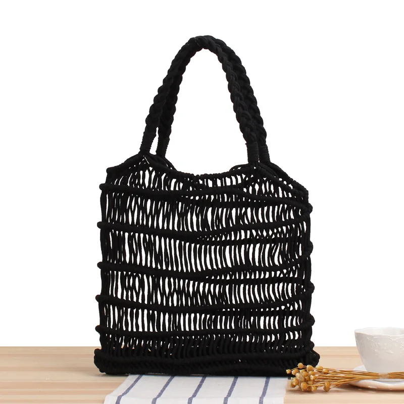 

Handmade woven cotton crochet beach mesh hollow tote hand bag, White,brown,black