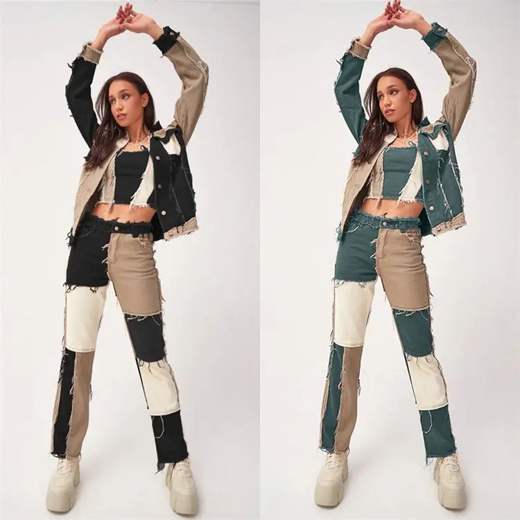 

W8822 Winter clothes 2020 fashion women color block patchwork pants high waist tight denim jeans pants trendy