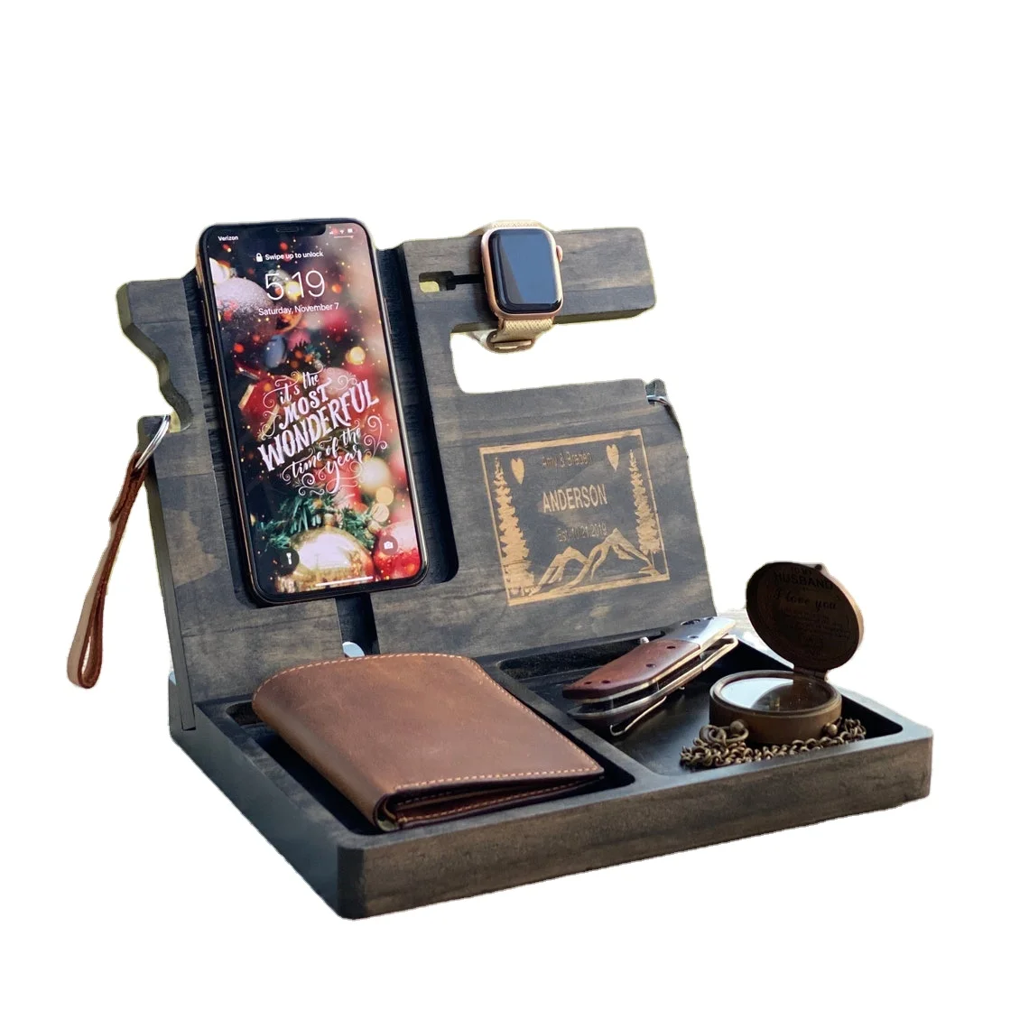 

JUNJI Wood Cell Phone iPad Stand Watch Holder Wood Wireless Charging Station Wood Gift Docking Station