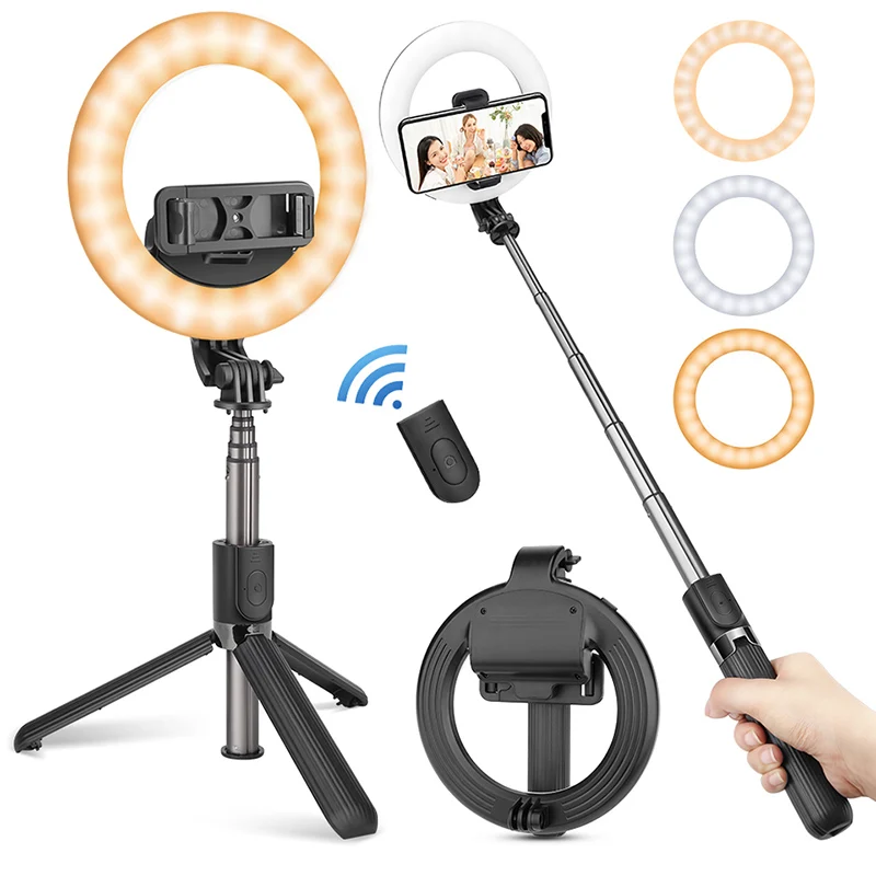 

Wireless Extendable Photograph lighting Selfie Stick Foldable Handheld Remote Shutter Tripods 5 inch LED Ring Light For Android, Black