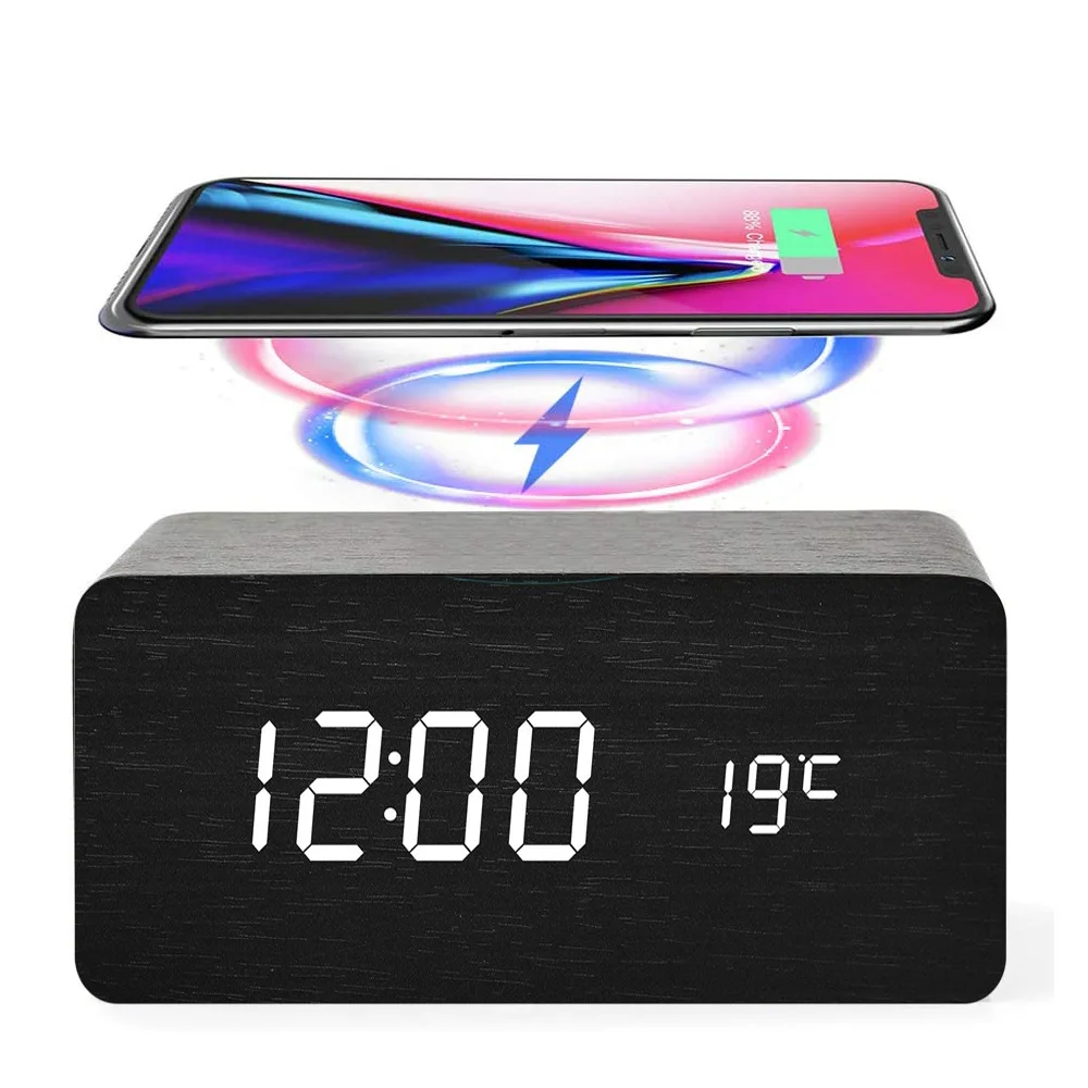 

M248 Wooden Led Digital Night Clock Sound Control Function 3 Alarm Settings Digital Alarm Clock with Qi Wireless Charging Pad, White, black, bamboo, brown