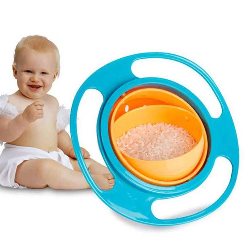 

Anti-overflow solid feeding pan 360 spill resistant gyro bowl with lid Practical Rotary Balance gyro Umbrella bowl for cute baby