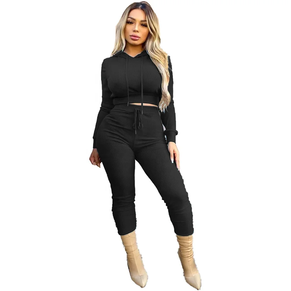 

2021NEW design Winter Slim Fit Solid Color Hooded Casual Sweatshirt Crop Top Pants Two Piece Sports Set Tracksuits for Women