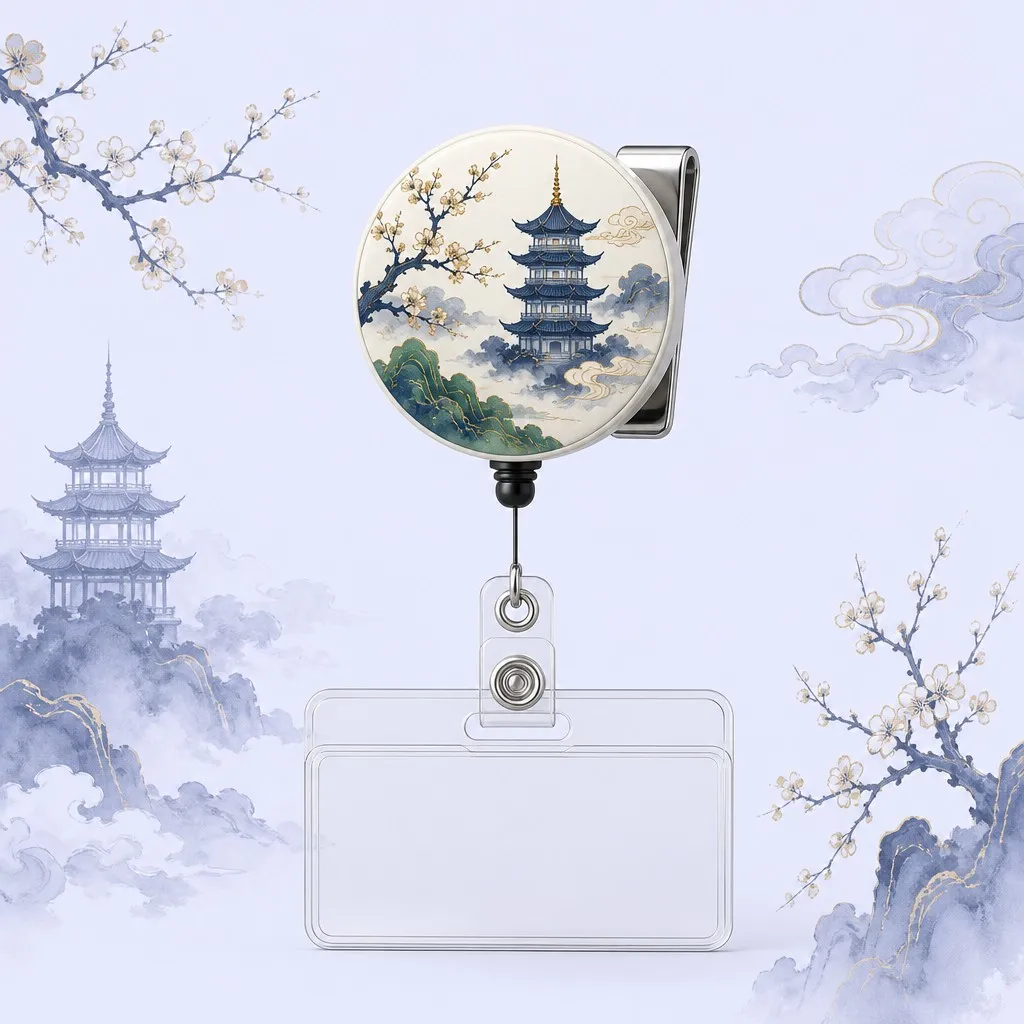 Retractable badge reel with pagoda and blossom artwork