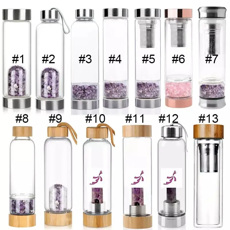 

Top sale crystals hot stainless steel glass smart water reminder bottle drinking healing biodegradable water bottles with filter, Customized color