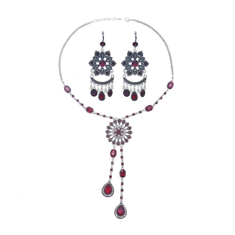 

Bohemian Colored Gems Set Hollow Tassel Necklace Earrings Set Fashion Atmosphere Inlaid Ethnic Jewelry, Silver