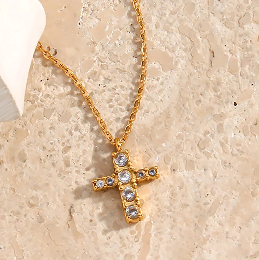 

Tiny Stainless Steel Cross Necklace Zirconia 18K Pvd gold Pendant Necklace For Women AAA Zircon Jewelry