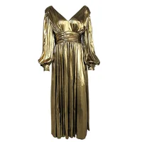 

2019NLK sexy backless solid color women's evening dress temperament waist long sleeve split gold dress female A1447