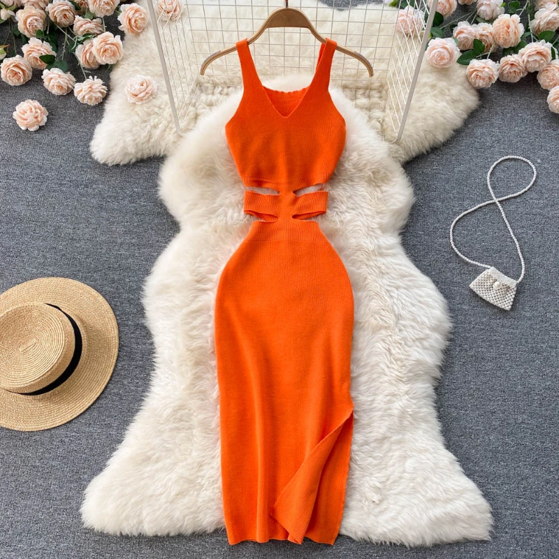 

Summer New Sexy Hollow-out Dress Women Midriff Knitted Suspender Dress Female Korean Style Bag Hip Hot Girl Dress