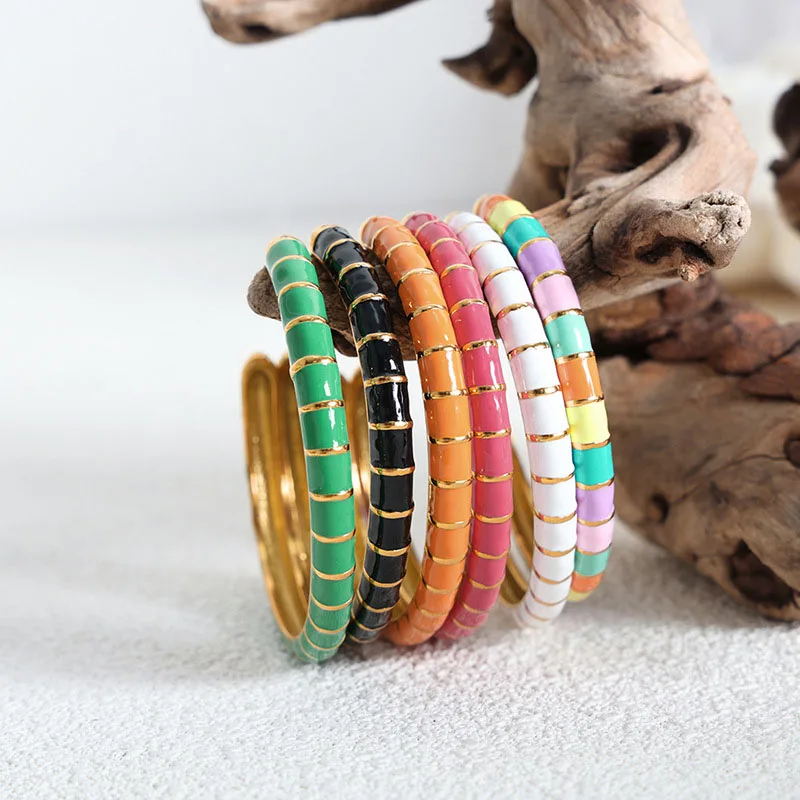 

Simple Candy Gold Plating Colorful Enamel Bangles Bamboo Stripe Open Cuff Enamel Bracelet For Women