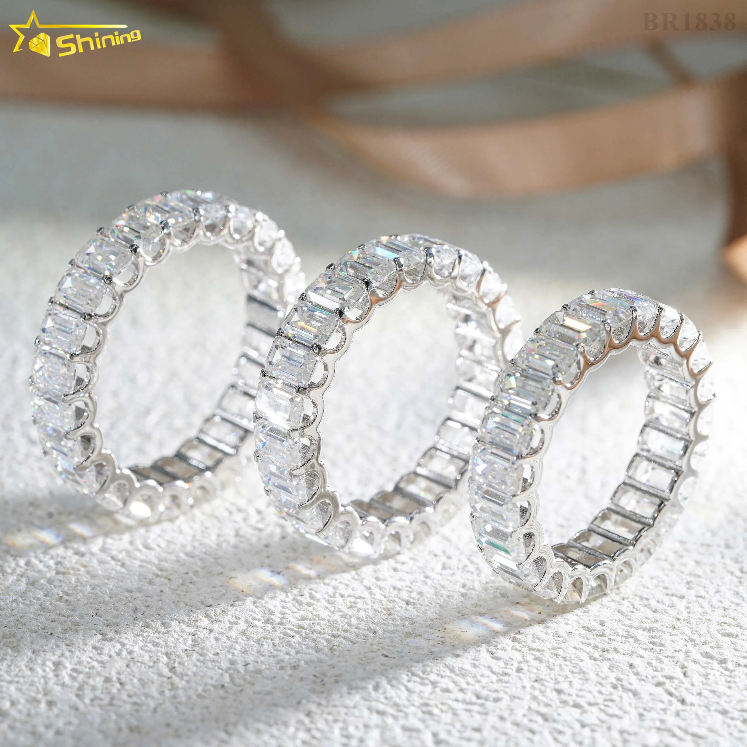

Fine jewelry rings 925 Silver Iced Out Classic Emerald Cut jewelry Eternity Moissanite Diamond Band Ring