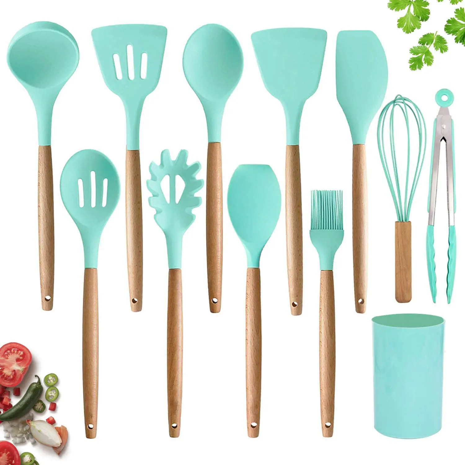 

13 Pcs Silicone Cooking Utensils Set with Bamboo Wood Handles for Nonstick Cookware,Non Toxic Turner Tongs Spatula Spoon Set, Purple/red/black/light green/dark green/pink/gray or customized