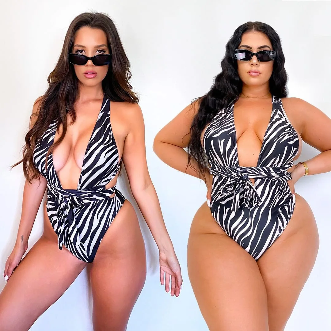 

S-5XL Snake zebra print solid color lace up one piece bikini plus size swimwear swimsuits for women 2021, As show or customized