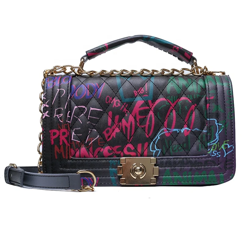 

New designer Graffiti handbags for Women fashion PU leather crossbody bag Ladies chain Purses
