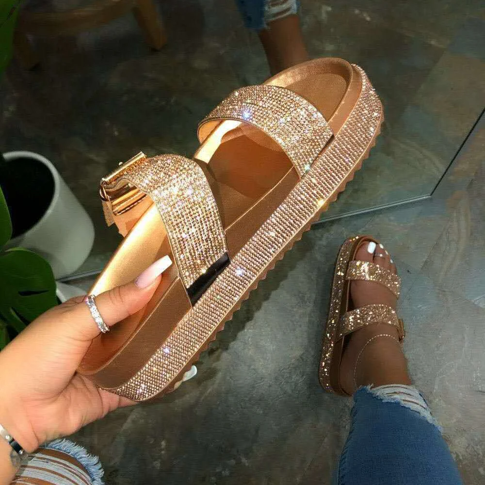 

Gold Bling Slides Rhinestone Slippers Platform Diamond Slides Women