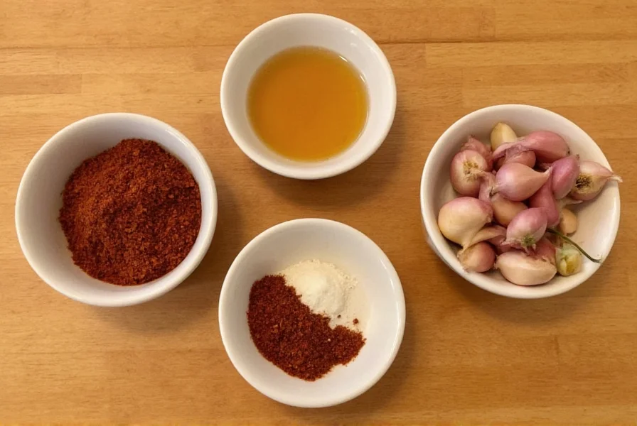 Homemade chili paste substitute ingredients: red pepper flakes, garlic, vinegar in small bowls on wooden table