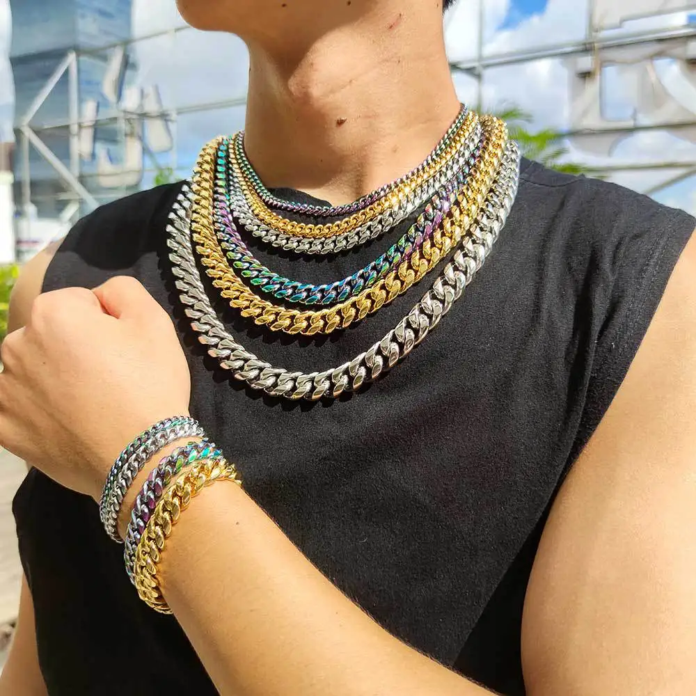 

Wholesale custom men women chunky silver hiphop jewelry 18k gold plated stainless steel miami cuban link chain jewelry necklace, Gold , silver , multicolor