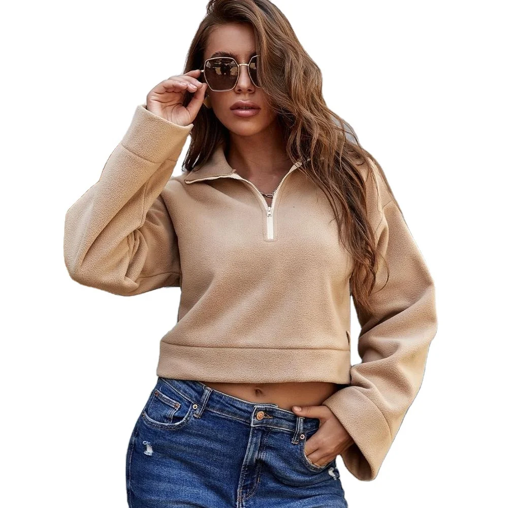 

2021Wholesale Solid Color Long Sleeve Half Zip Crop Top Mock Neck Fleece Hoodie Winter French Terry Sweatshirt for Women