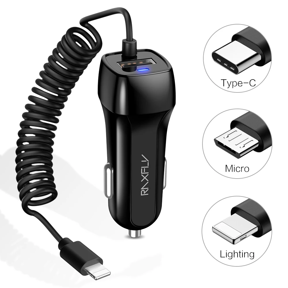 

Free Shipping 1 Sample OK RAXFLY Smartphone Charging Usb Micro USB Type C Car Charger With Phone Cable For Android For i Phone