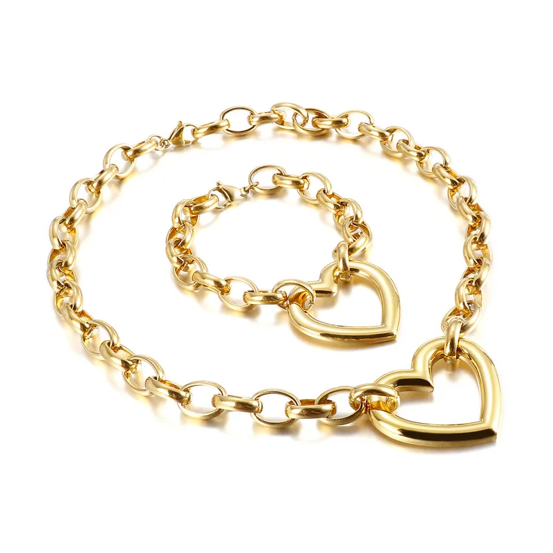 

Kalen Custom Charm Chain Gold Plated 18K Heart Bracelet Necklace Set Womens Stainless Steel Jewelry Sets
