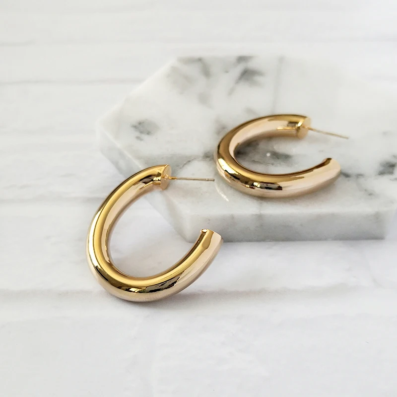 

Solid Gold Hoop Earrings for Women Large C Shape Earrings Open Hoops Minimalist Round Circle Earrings Fashion Jewelry