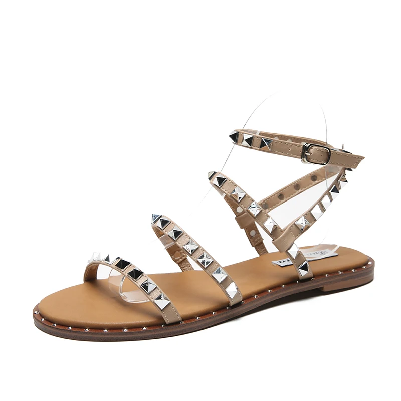 

Women Open Toe Dress Shoes with rivet Studded and adjustable Buckle, Tan