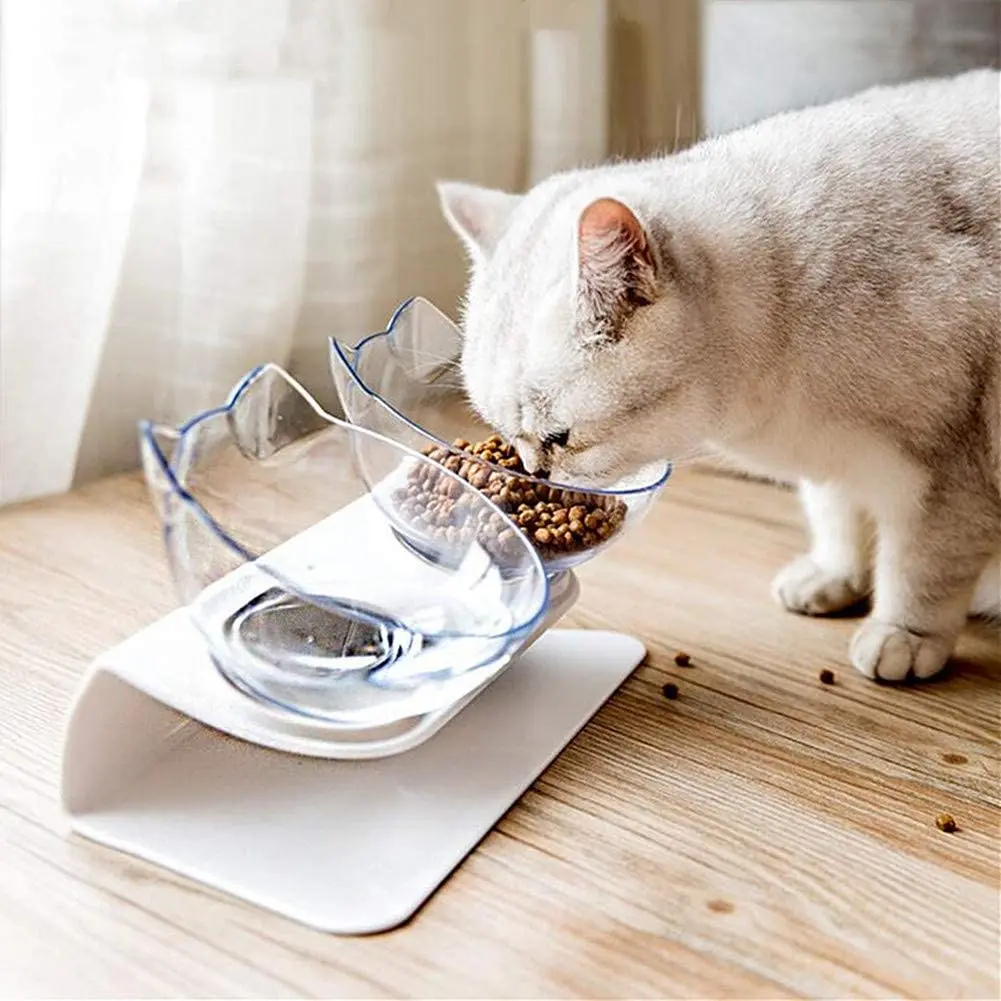 

15 Degree Elevated Cat Food Bowls with Stand Double Raised Kitty Transparent Plastic Bowl Cute Cat Face Double Bowl, White, pink