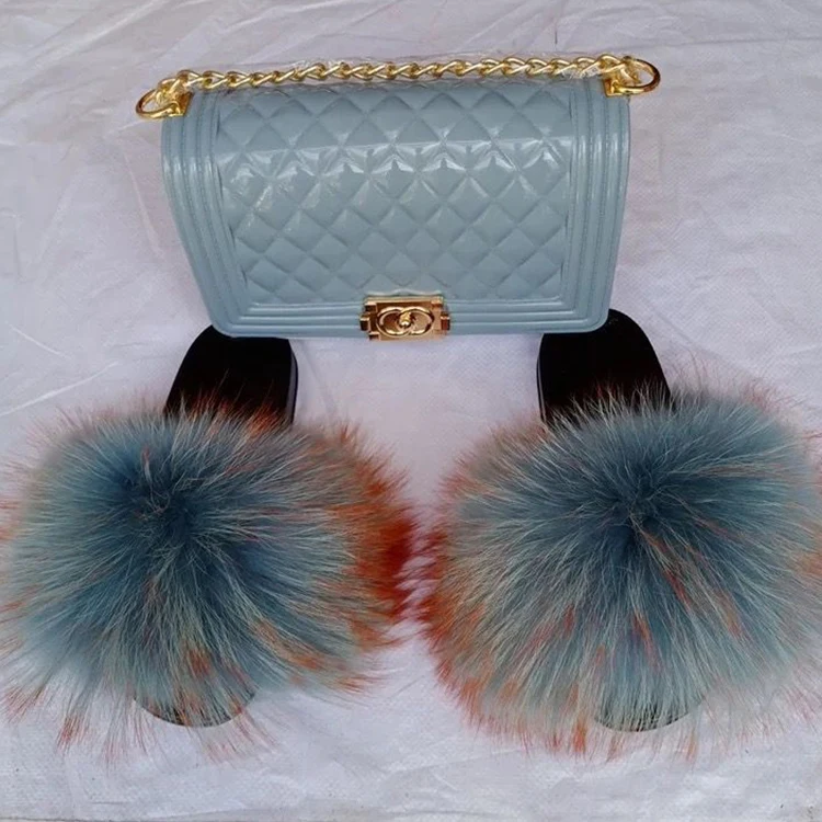 

Designer fur slides fur house slippers fur slides and matching purse, Customized color