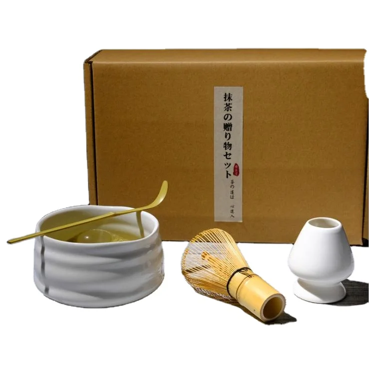 

Japanese ceremony traditional tea tool handmade ceramic bowl scoop bamboo matcha whisk set with gift box, Customized color