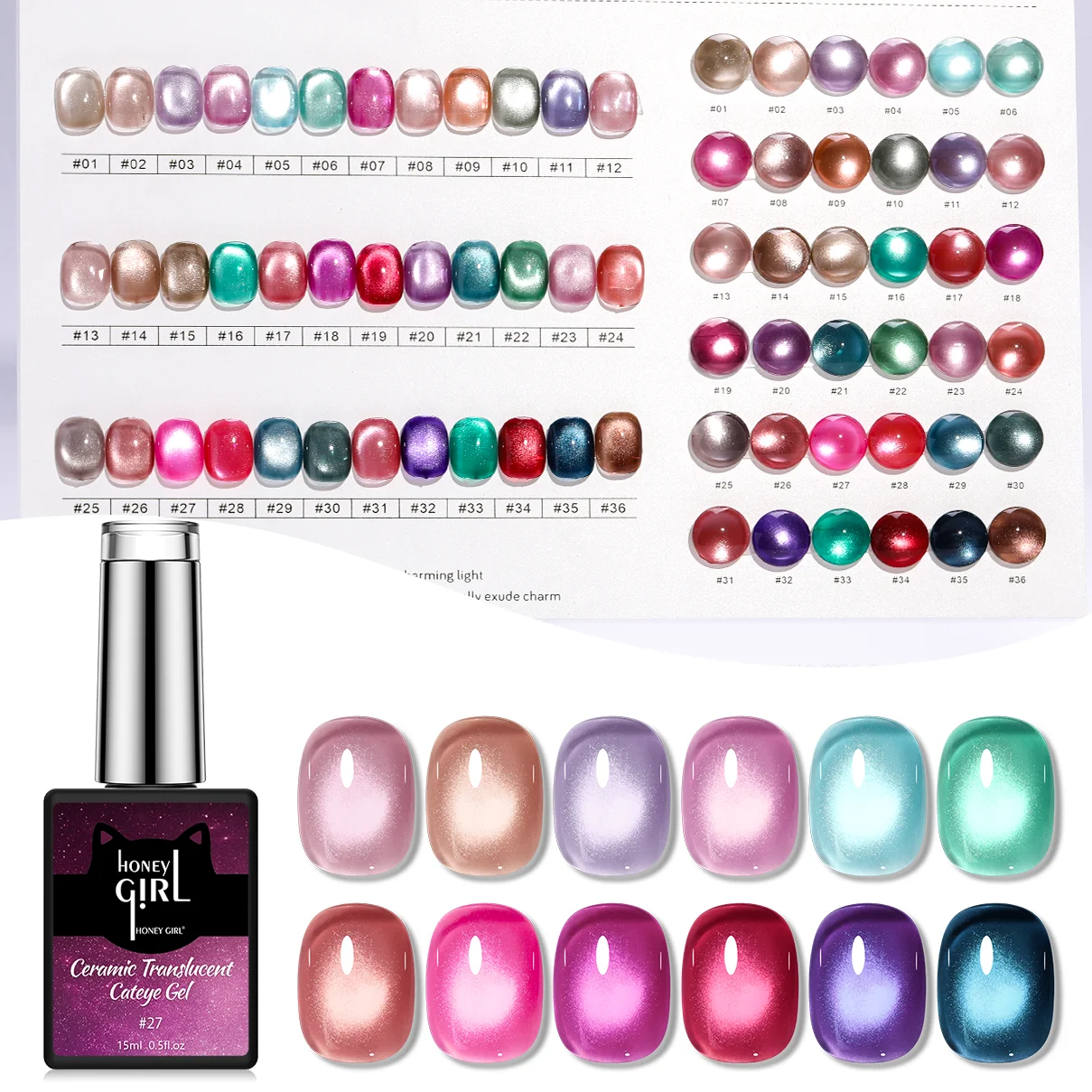 HONEY GIRL Newest Unique Effect Custom Logo 15ml Cat Eye Gel 36 Colors Magnetic Soak Off UV Cat Eye Nail Gel Polish