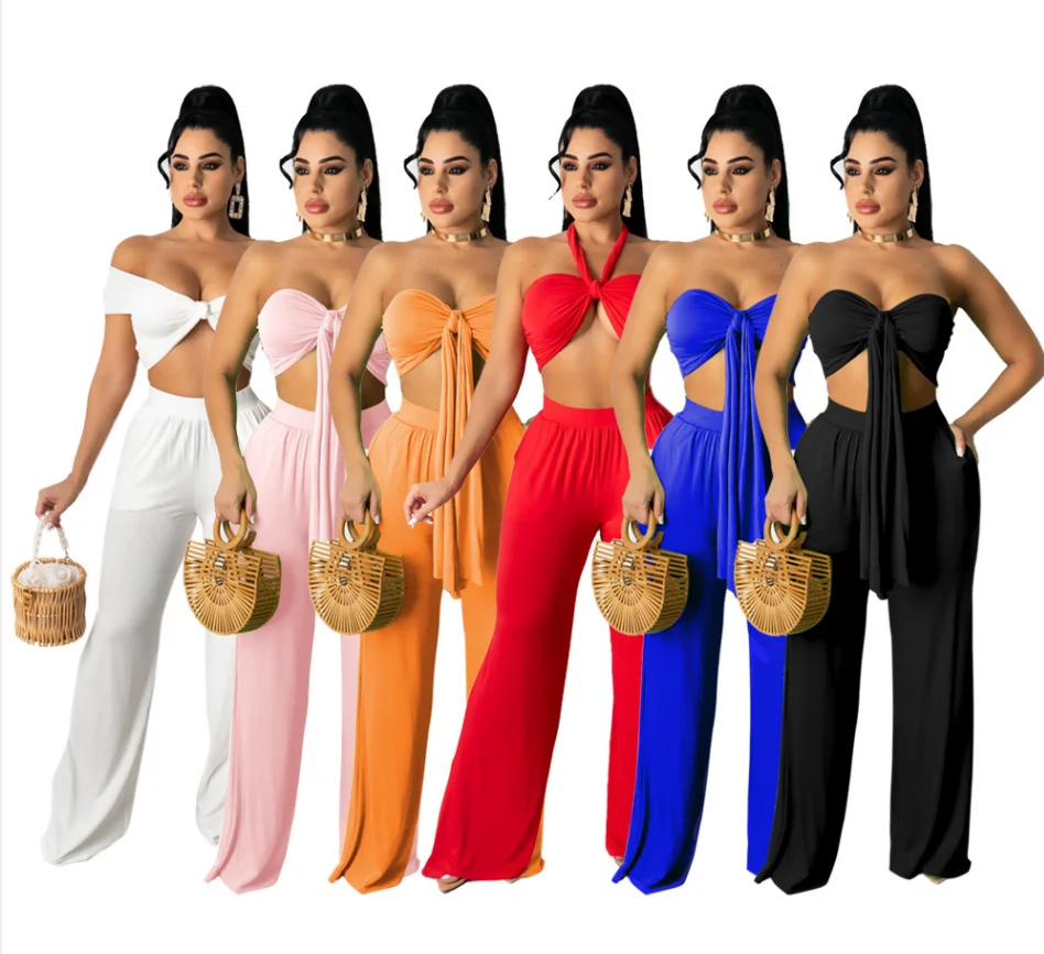 

2021 new arrival European and American women's summer casual solid color wide-leg pants streamer tube top two piece pants set